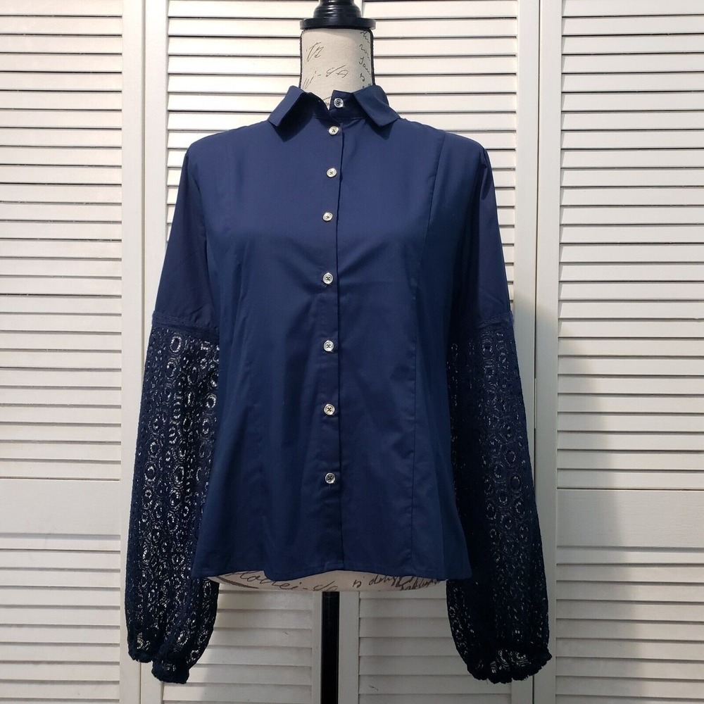 Romimona Tailored Button-up Blouse‎ Women's Large Navy Blue Lace Puff Sleeve Top